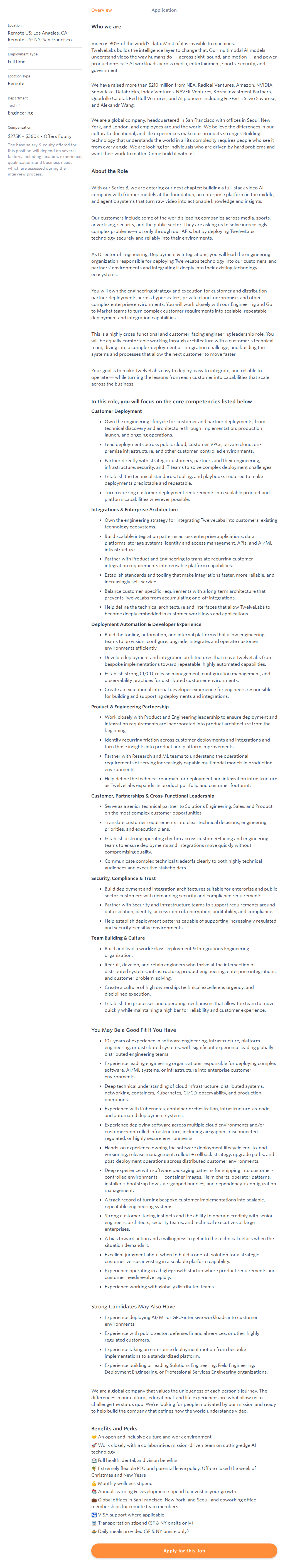 트웰브랩스 Director of Engineering, Customer Deployments and Partner Integrations 채용공고